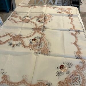 Elegant Embroidered Tablecloth - Cream and Brown